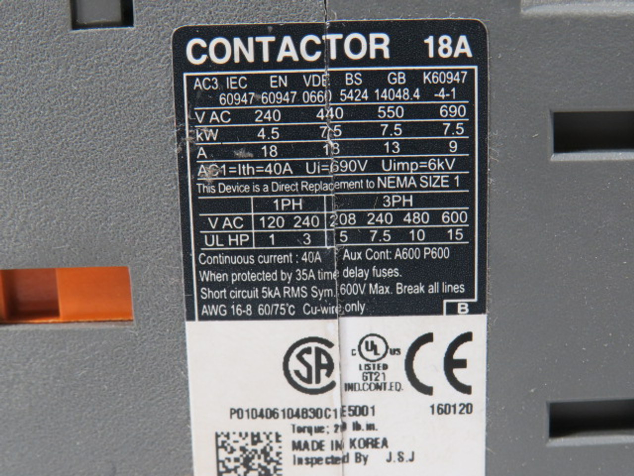 Cerus Mira MRC-18B Contactor 18A 277VAC 60Hz USED