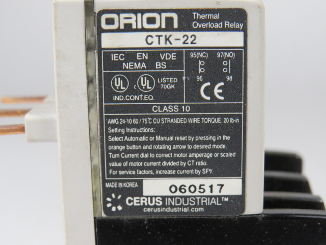 Cerus Orion CTK-22/3-4A Thermal Overload Relay 2.5-4A Range USED