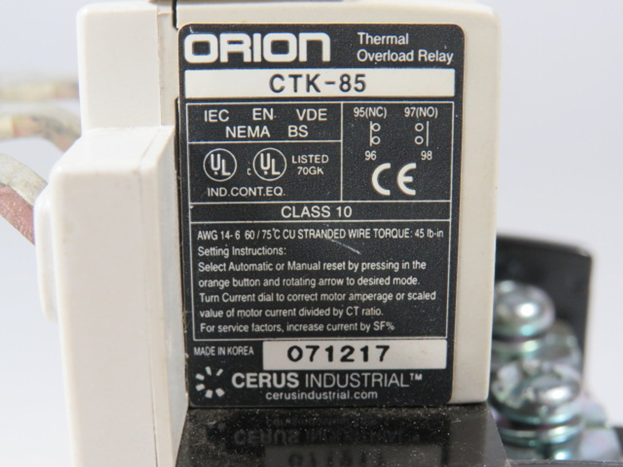 Cerus Orion CTK-85/3-22A Thermal Overload Relay 16-22A Range USED