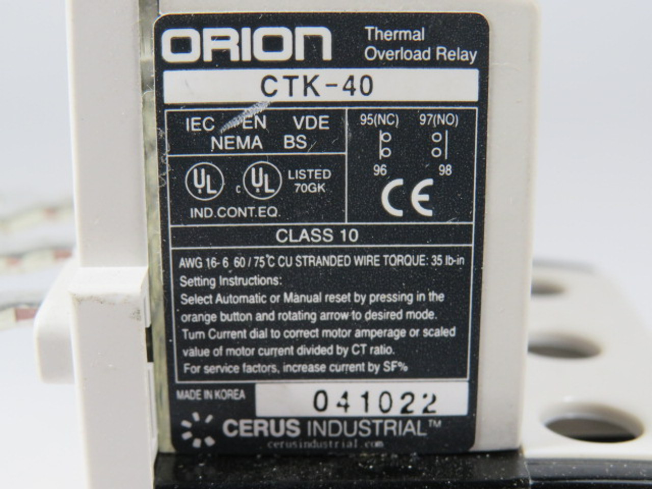 Cerus Orion CTK-40/3-8A Thermal Overload Relay 5-8A Range USED