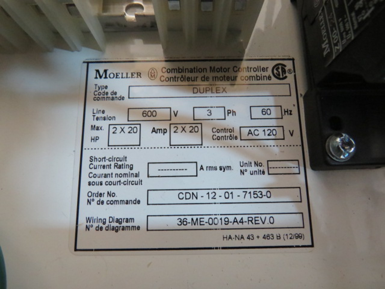 Moeller 36-ME-0019-A4-REV.0 Control Panel for Pump X2 120/600V 41A 20HP USED