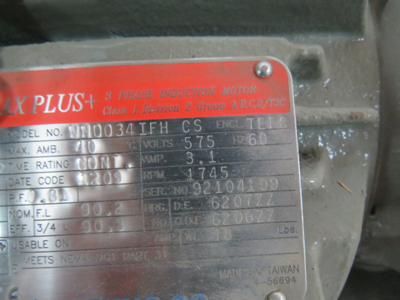 Tatung Induction Motor 3HP 1745RPM 575V 182TD TEFC 3Ph 3.1A 60Hz USED