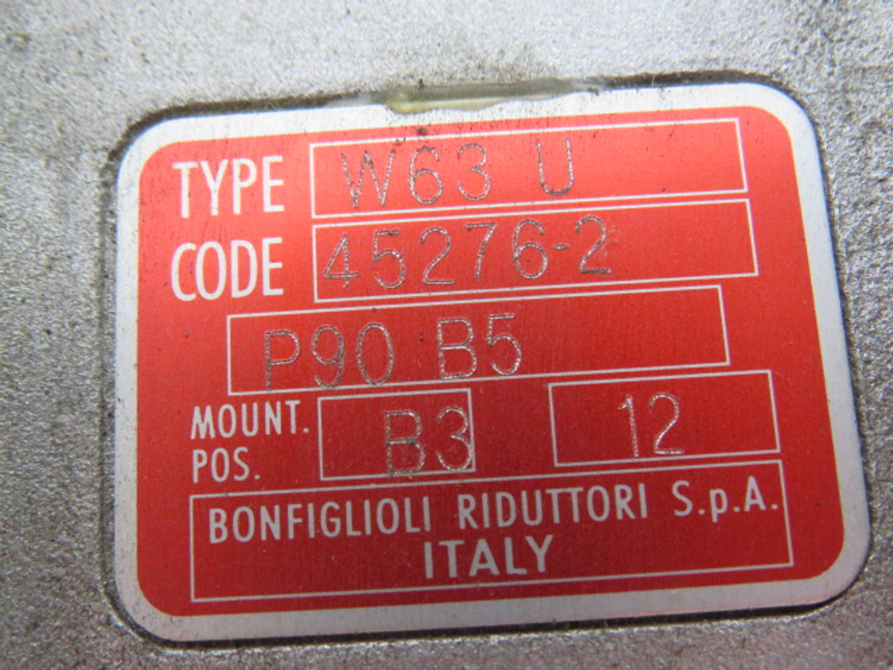 Bonfiglioli W63U-45276-2 Right Angle Gear Reducer 12:1 Ratio USED