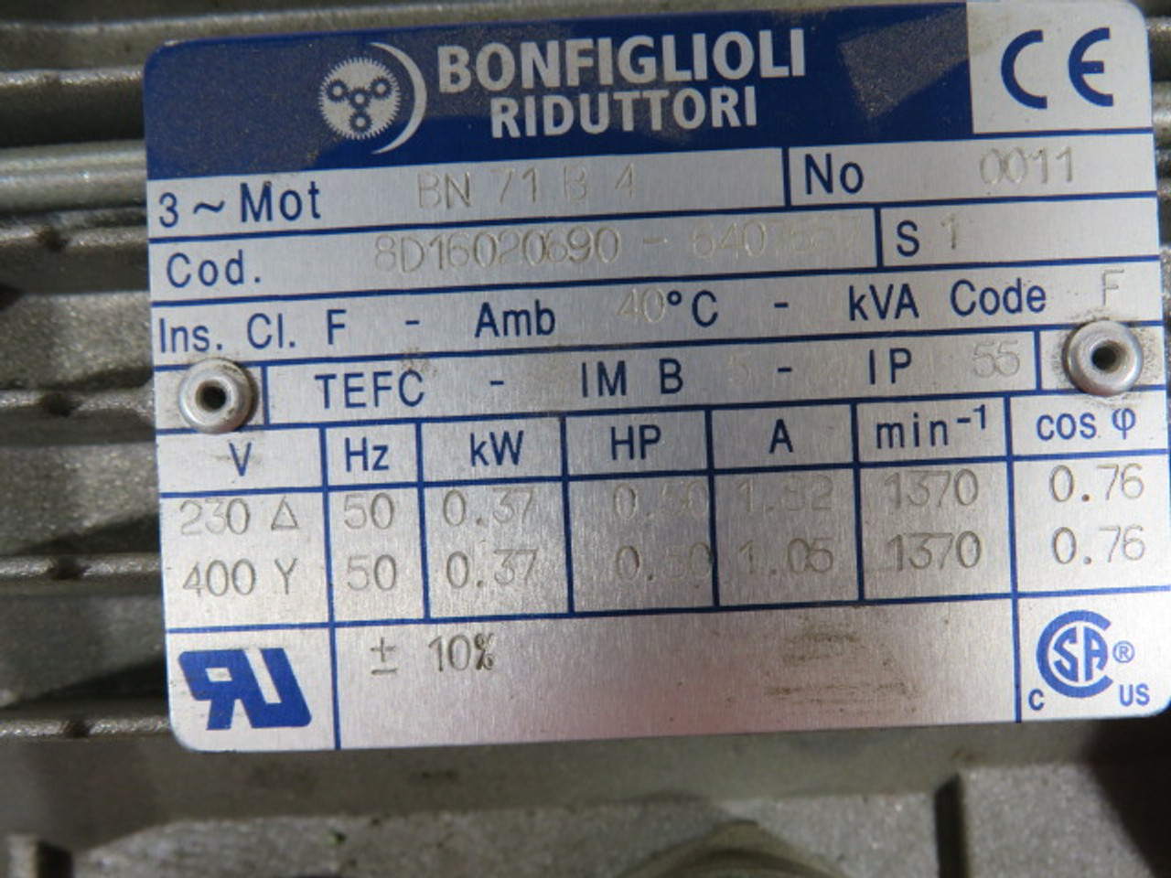 Bonfiglioli BN71B4-8D16020690-6407657 Motor .37kW c/w Gear Reducer 1:60 USED