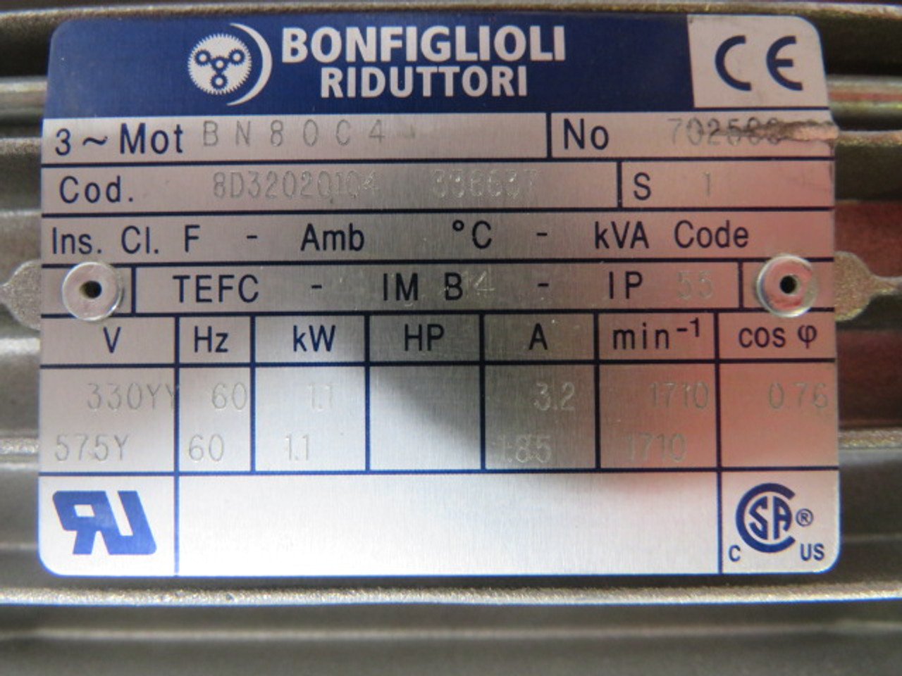 Bonfiglioli BN80C4-8D3202020104-336677 Motor 1.1kW c/w Gear Reducer 7:1 USED