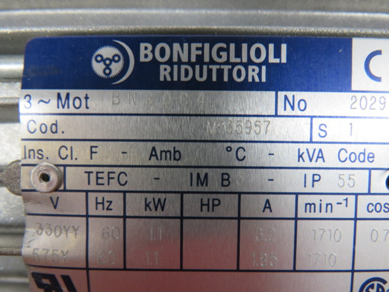 Bonfiglioli BN80C4-M935957 Motor 1.1kW 1710rpm c/w Gear Reducer 7:1 USED