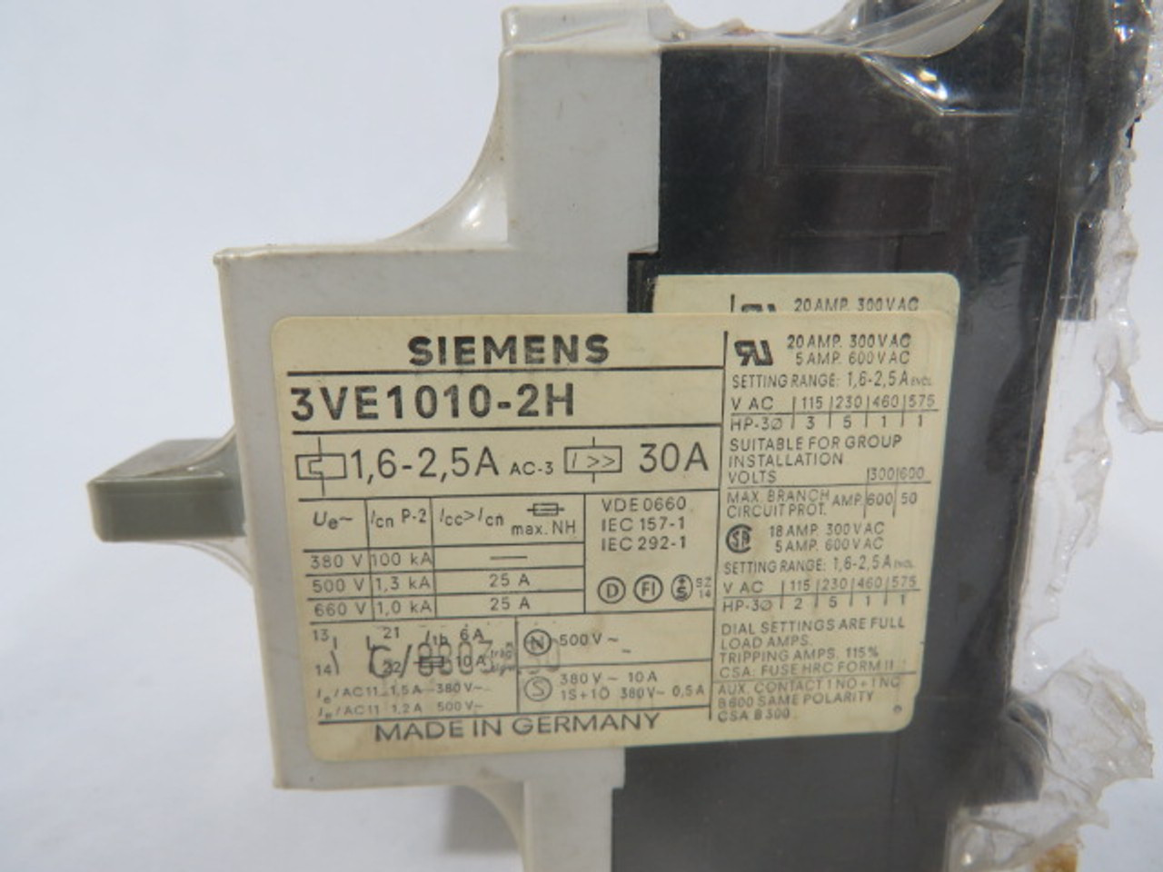 Siemens 3VE1010-2H Motor Stater Switch 1.6-2.5A 1NO 3Ph 3P 600V ! NOP !