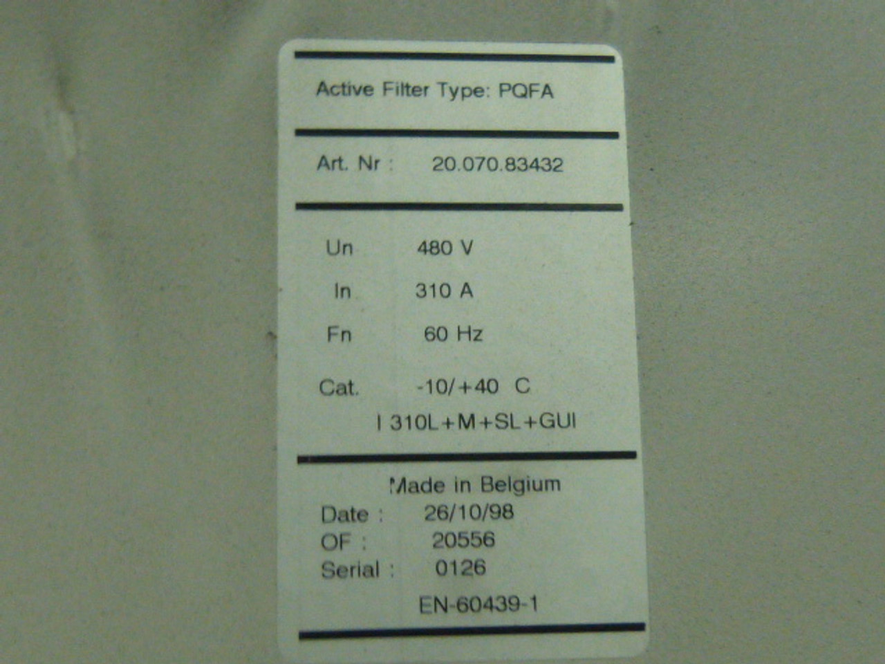 ABB 20.070.83432 PQFA Control Panel Assembly 480V 310A 60Hz USED