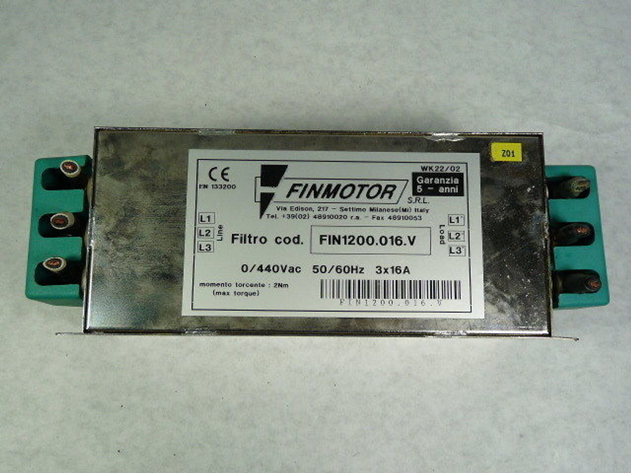 Fin Motor FIN1200.016.V Line Filter 3/16A 440VAC 50/60Hz USED