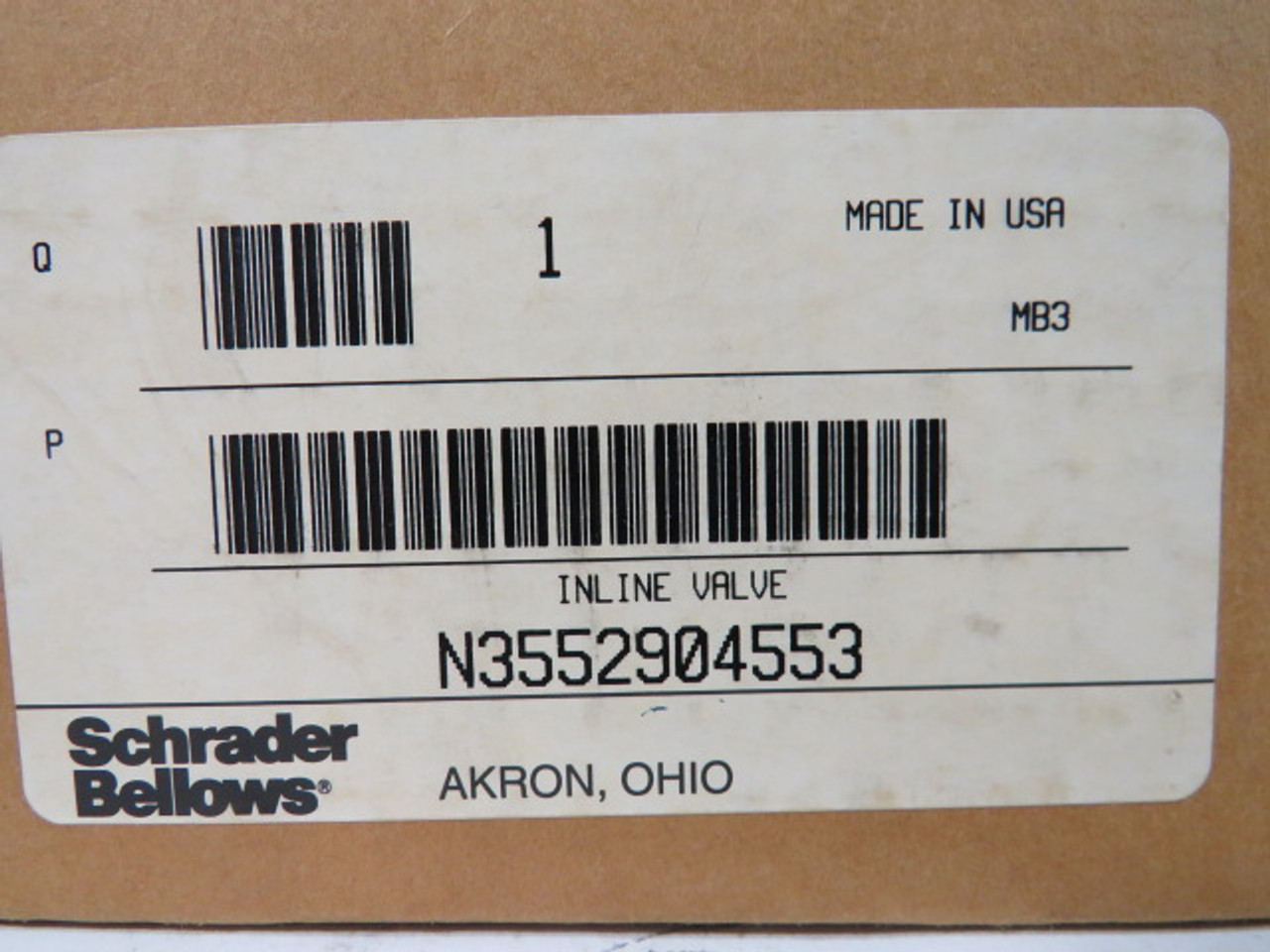 Schrader Bellows N3552904553 Inline Valve 110-120VAC 50-60Hz ! NEW !