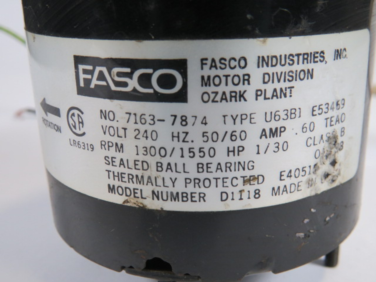 Fasco 7163-7874 Motor 1/30HP 1300/1550RPM 240V TEAO 1PH 0.6A 50/60Hz USED