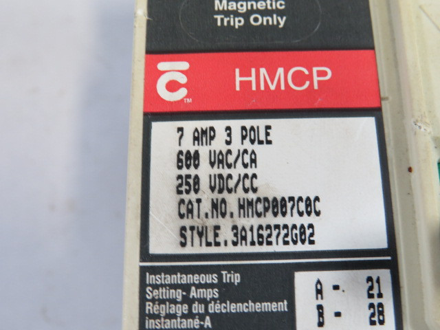 Cutler-Hammer HMCP007C0C Series C Circuit Breaker 7A 600VAC 3-Pole USED