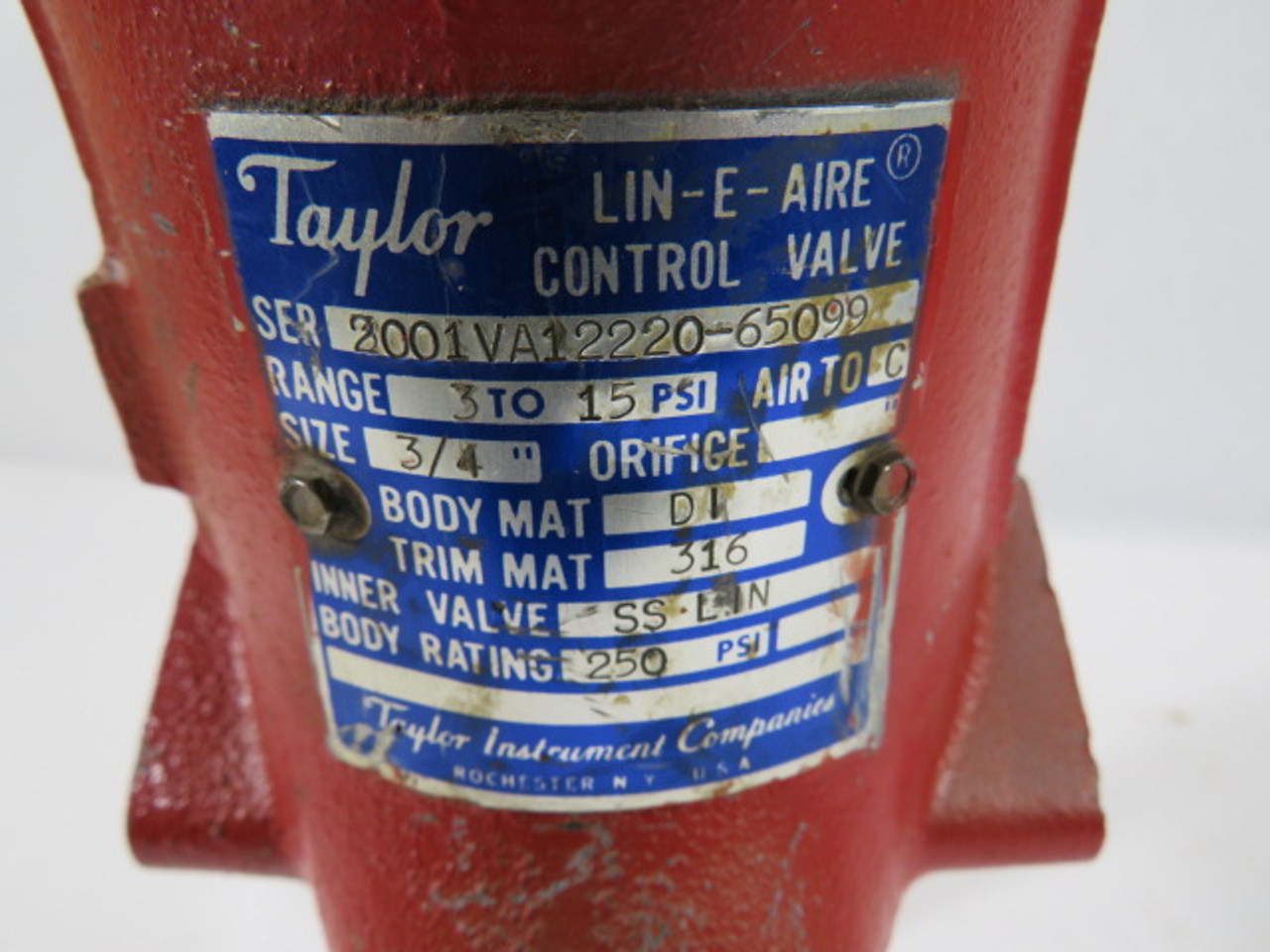 Taylor 3/4" Lin-E-Aire Hi-Flow Iron Control Valve 3/4" 3-15PSIG USED