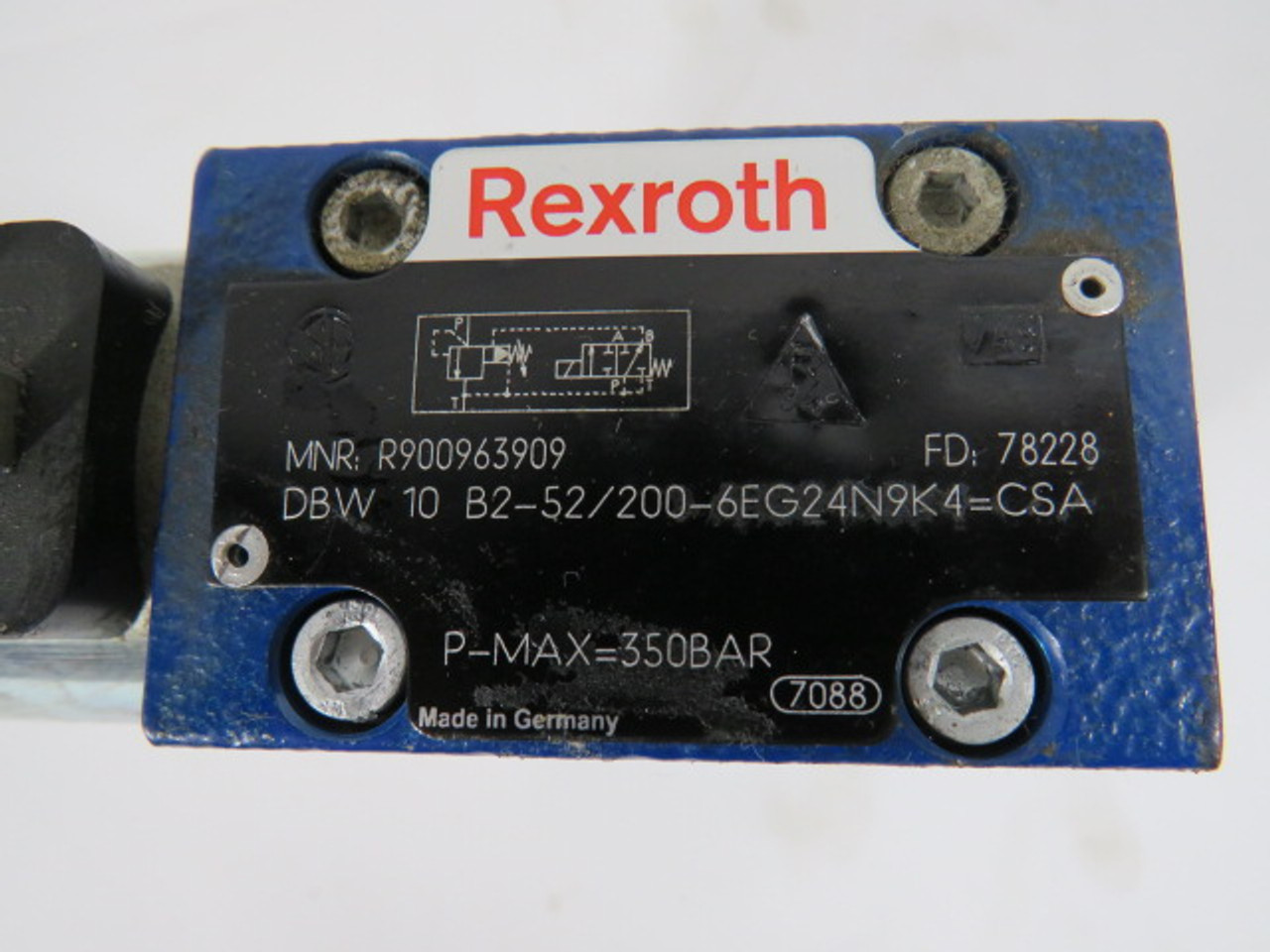 Rexroth DBW-10-B2-52/200-6EG24N9K4 Pressure Relief Valve 350 BAR USED