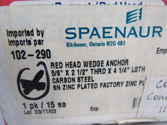 Spaenaur 102-290 Red Head Wedge Anchor 5/8"x2-1/2"Thread 4-1/4"L 15-Pack ! NEW !