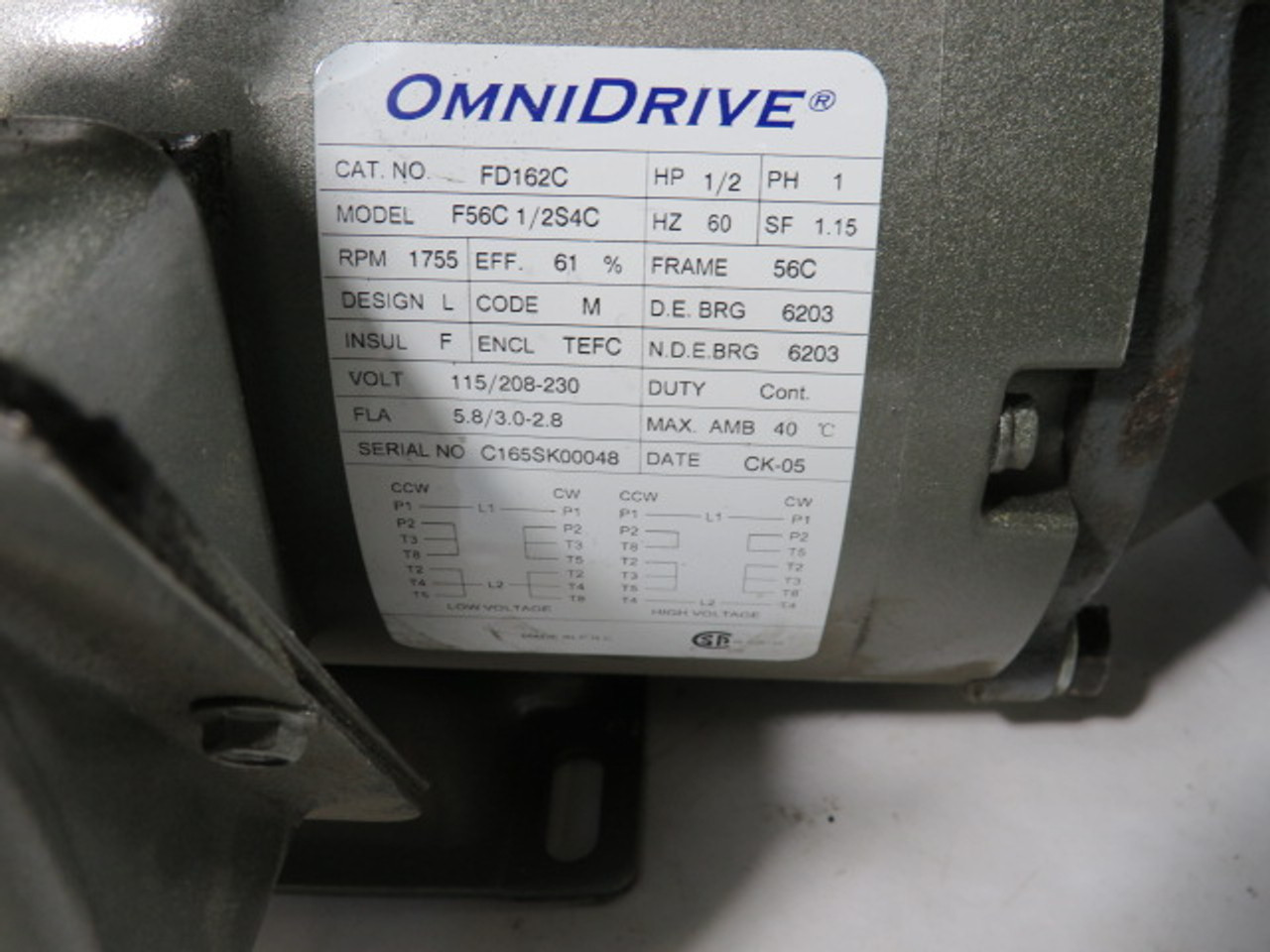 OmniDrive 1/2HP 1755RPM 115/208-230V 56C TEFC C/W Reducer 60:1 USED
