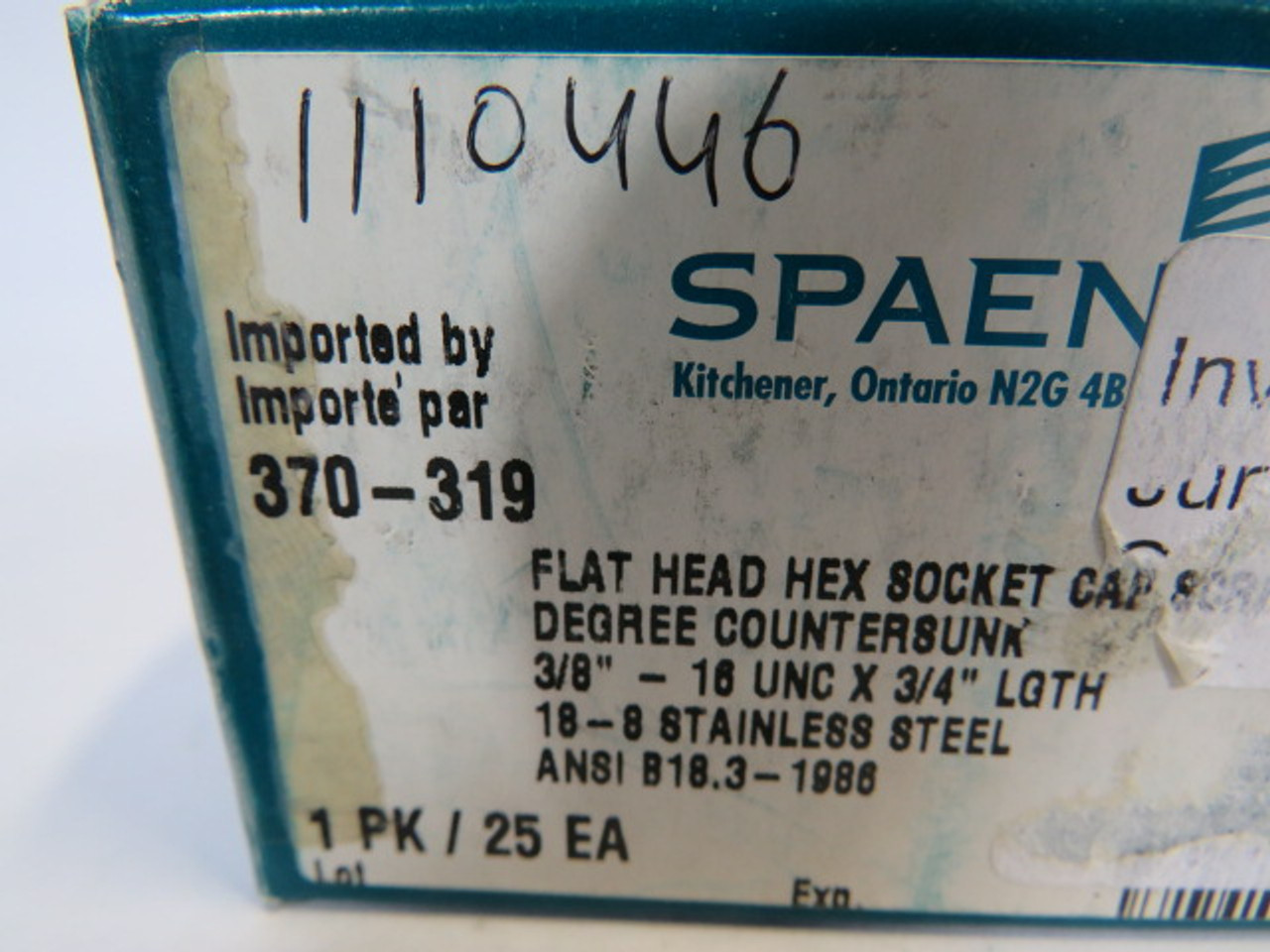 Spaenaur 370-319 SS Flat Head Hex Socket Cap Countersunk Screw 25-Pack ! NEW !