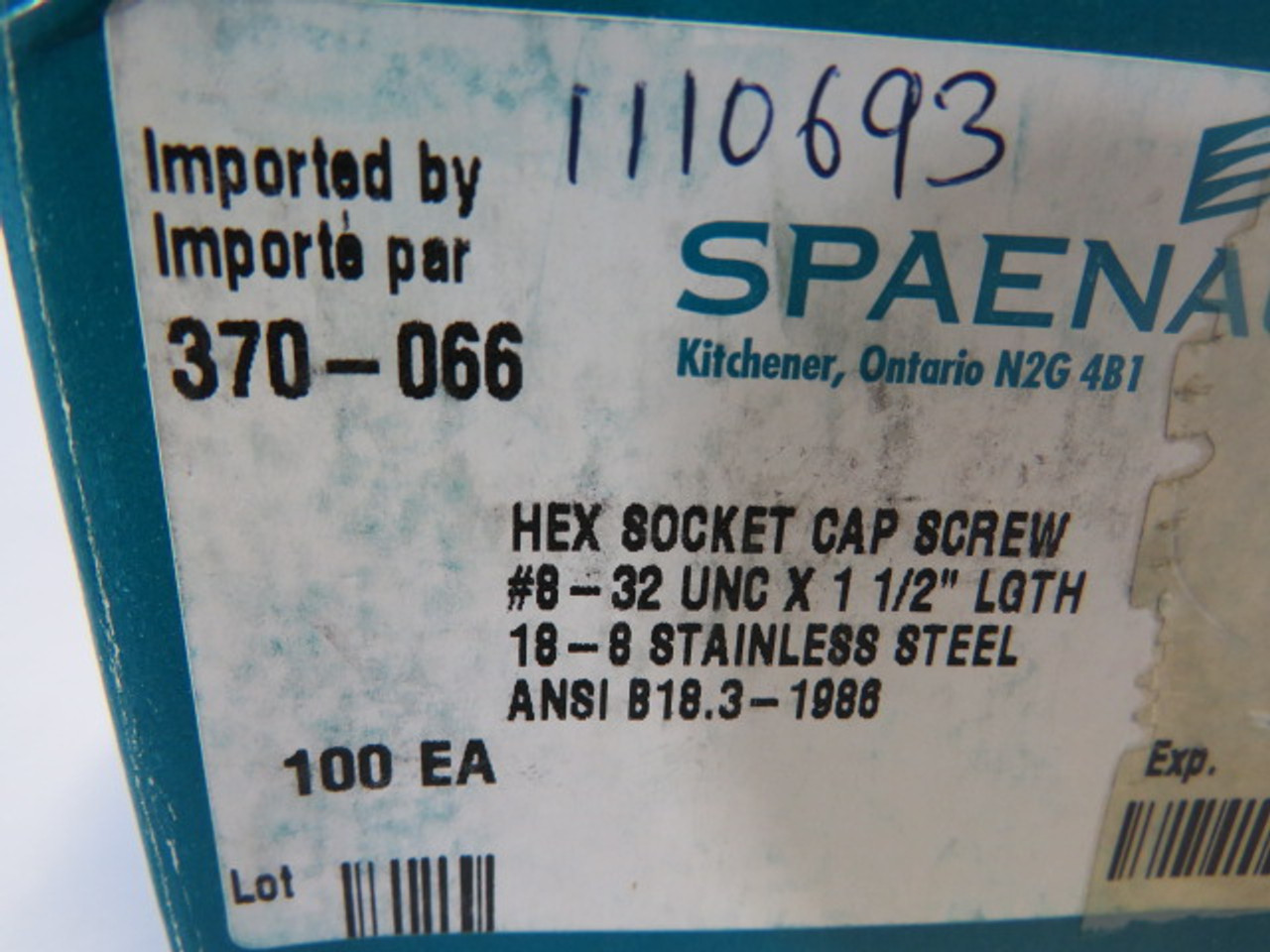 Spaenaur 370-066 SS Hex Socket Cap Screw 100-Pack ! NEW !