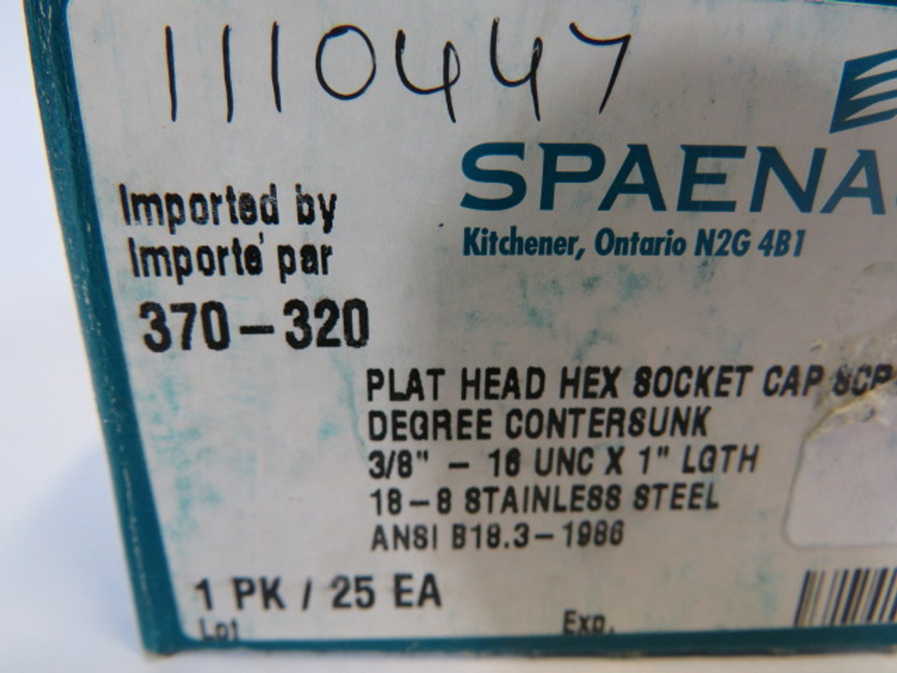 Spaenaur 370-320 SS Flat Head Hex Socket Cap Countersunk Screw 25-Pack ! NEW !