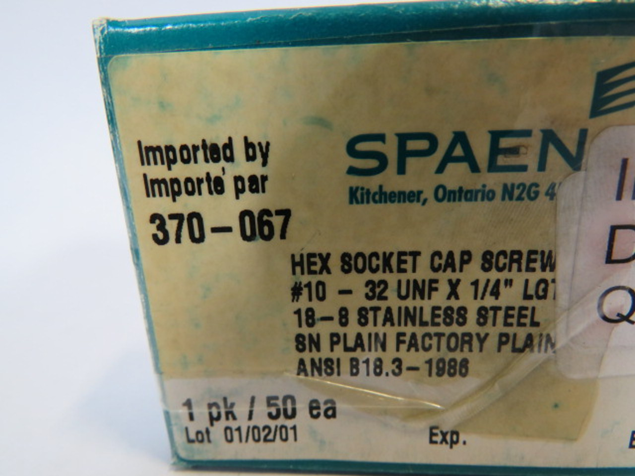 Spaenaur 370-067 SS Hex Socket Cap Screw #10-32UNFx1/4" 50-Pack ! NEW !