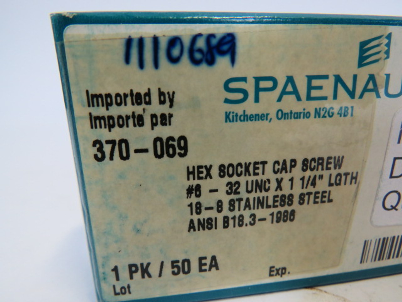 Spaenaur 370-069 SS Hex Socket Cap Screw 6-32UNCx1-1/4" 50-Pack ! NEW !