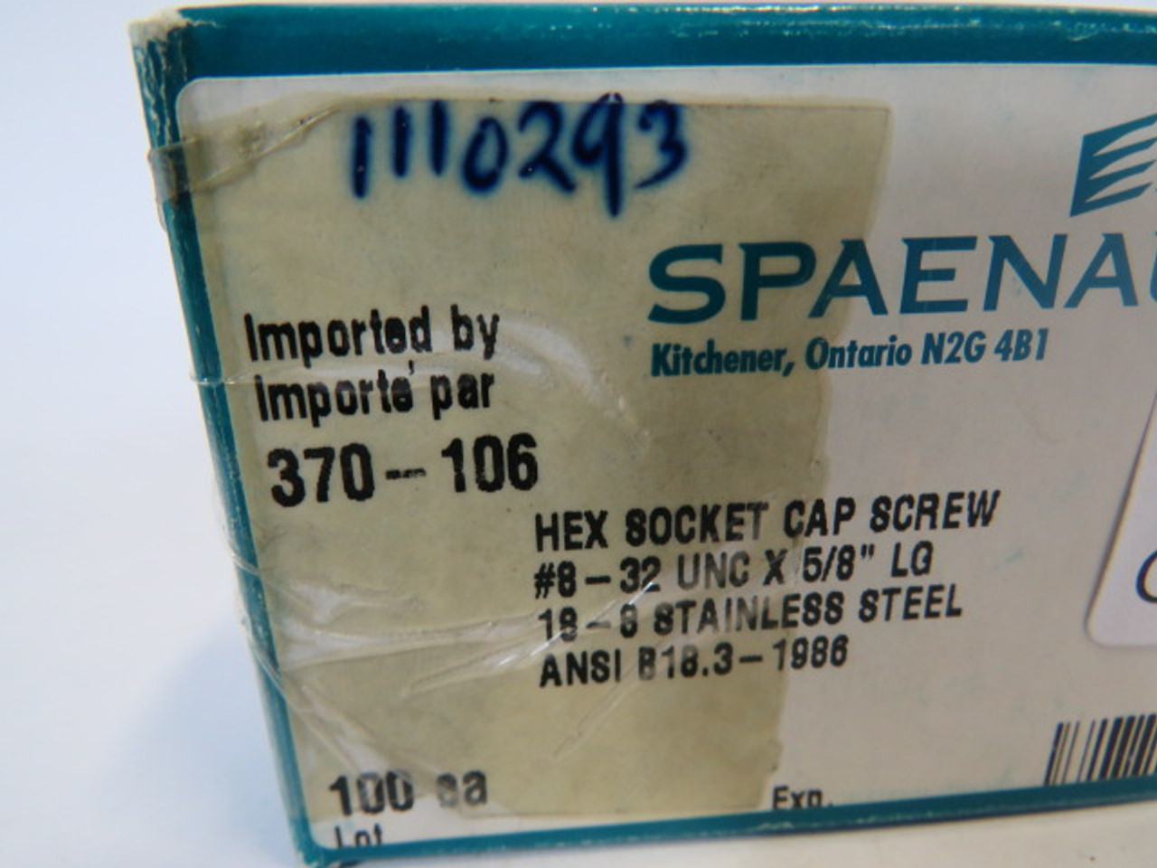 Spaenaur 370-106 SS Hex Socket Cap Screw 8-32UNCx5/8" 100-Pack ! NEW !