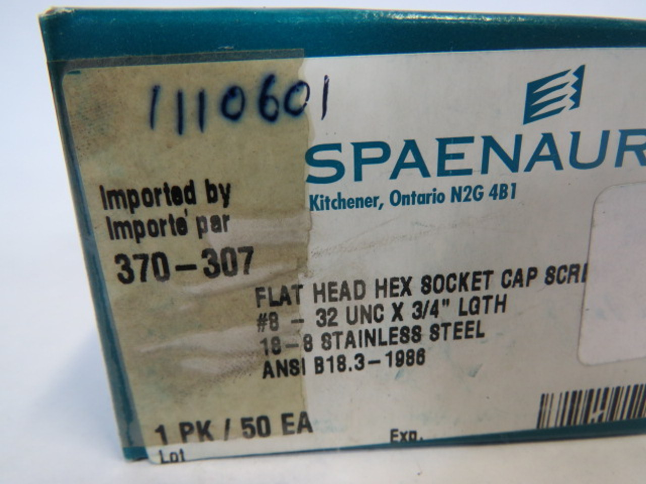Spaenaur 370-307 SS Flat Head Hex Socket Cap Screw 50-Pack ! NEW !