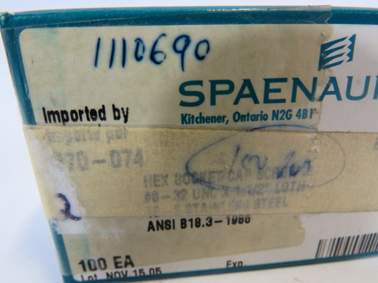 Spaenaur 370-074 SS Hex Socket Cap Screw 6-32UNCx1-1/2" 100Pack ! NEW !