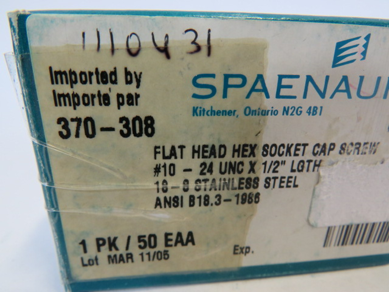 Spaenaur 370-308 SS Flat Head Hex Socket Cap Screw 50-Pack ! NEW !