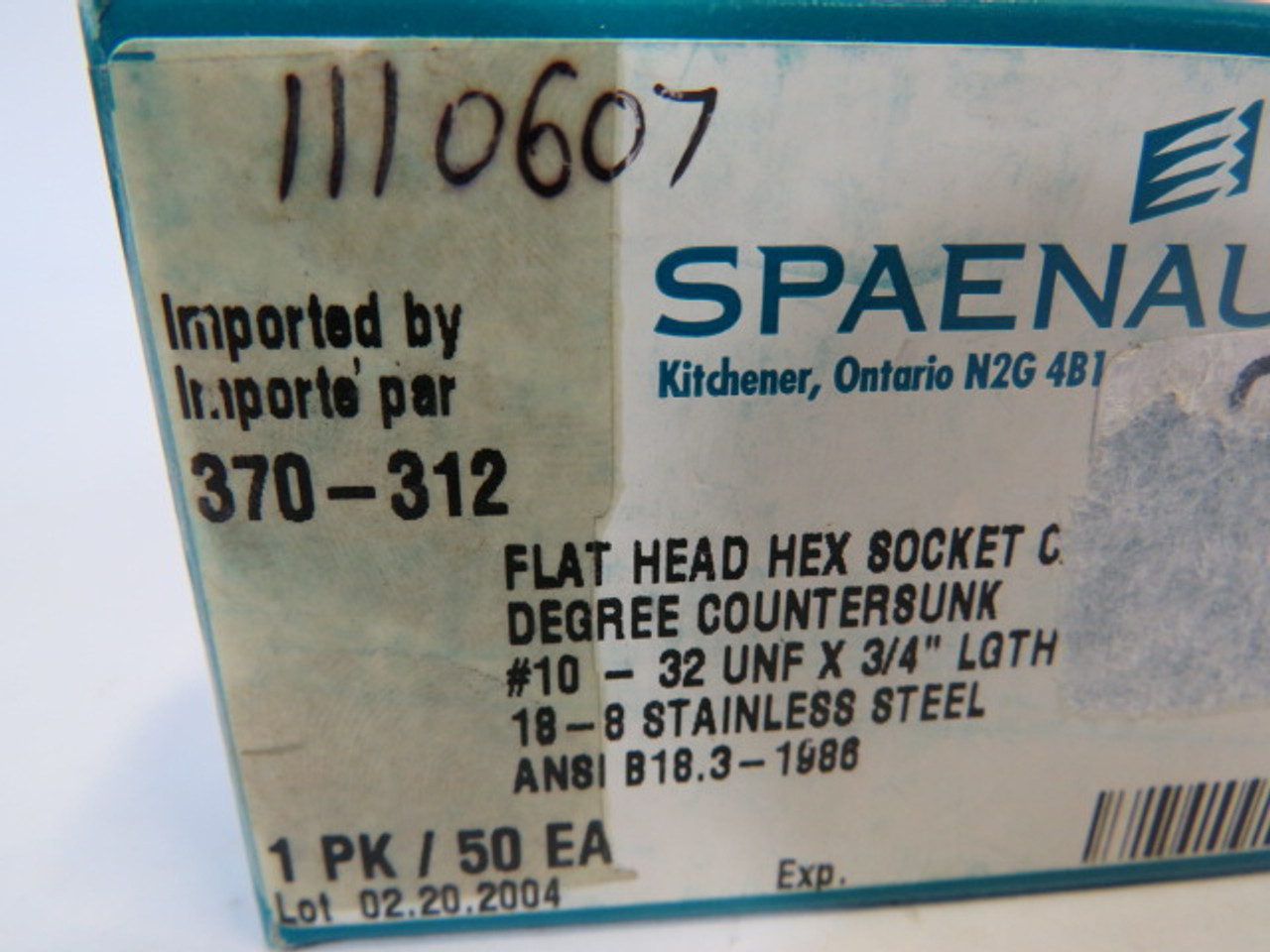 Spaenaur 370-312 SS Flat Head Hex Socket Cap  Countersunk Screw 50-Pack ! NEW !