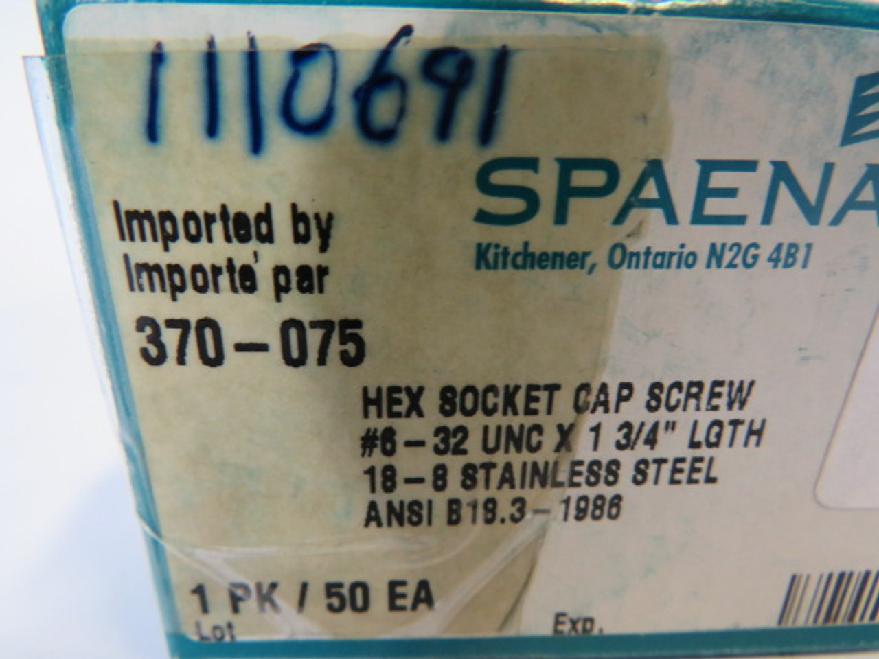 Spaenaur 370-075 SS Hex Socket Cap Screw 6-32UNCx5/8" 50-Pack ! NEW !