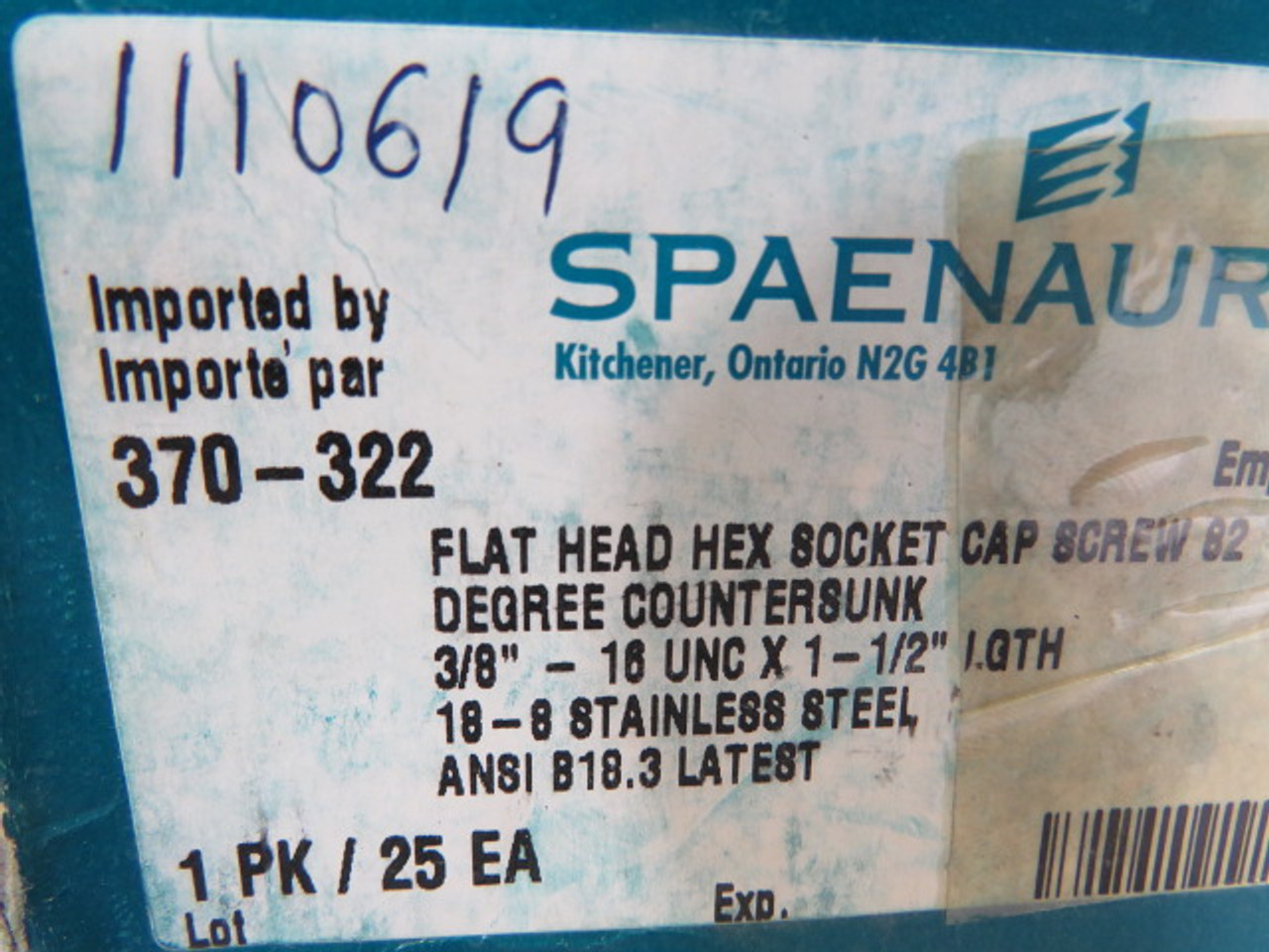 Spaenaur 370-322 SS Flat Head Hex Socket Cap Countersunk Screw 25-Pack ! NEW !