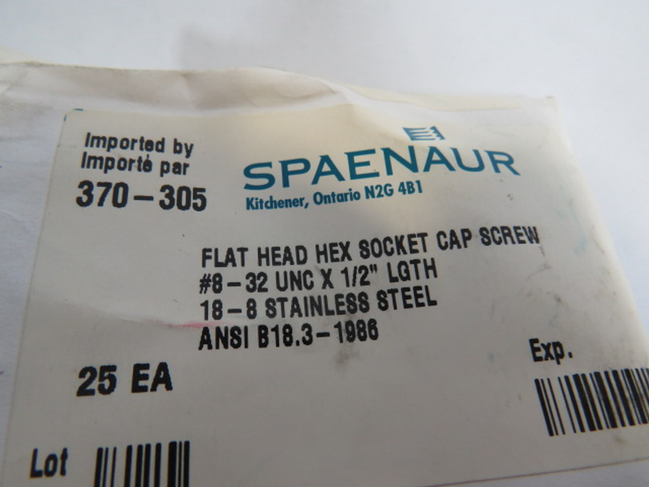 Spaenaur 370-305 SS Flat Head Hex Socket Cap Screw 25-Pack ! NWB !