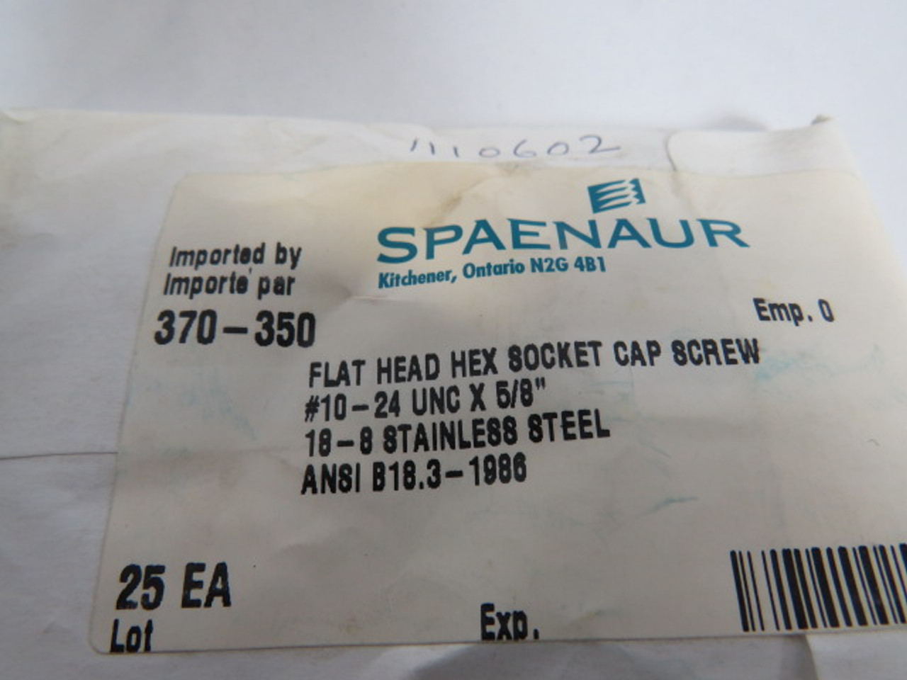 Spaenaur 370-350 SS Flat Head Hex Socket Cap Screw 25-Pack ! NWB !