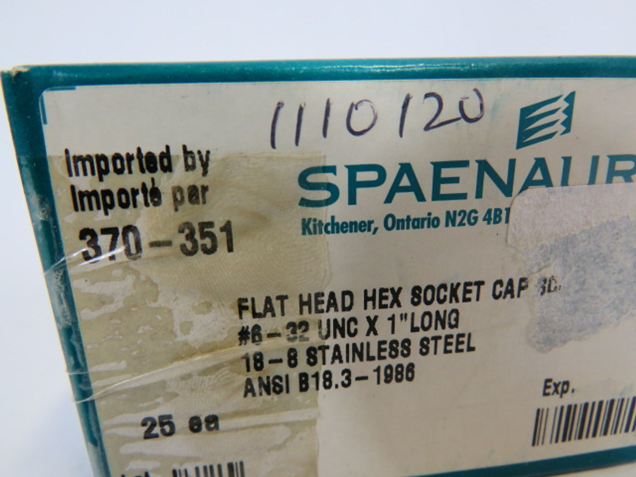Spaenaur 370-351 SS Flat Head Hex Socket Cap Screw 25-Pack ! NEW !