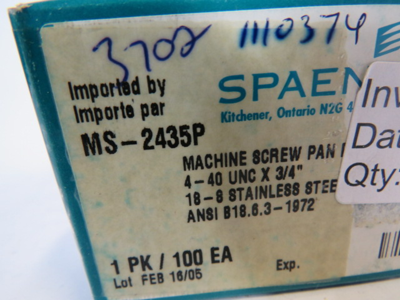 Spaenaur MS-2435P SS Machine Screw Pan Phillips Head 100-Pack ! NEW !