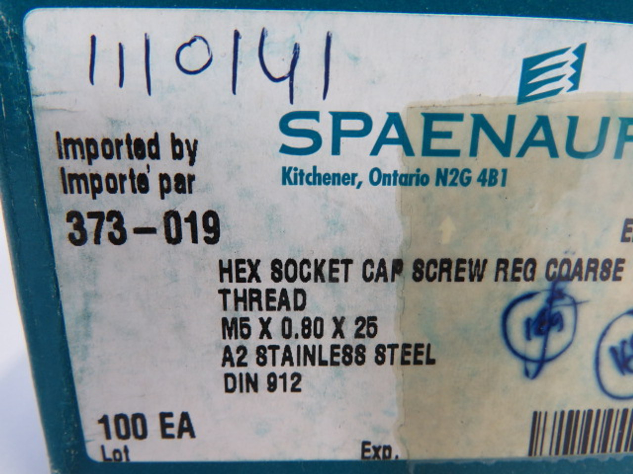 Spaenaur 373-019 SS Hex Socket Cap Screw Coarse Thread 100-Pack ! NEW !