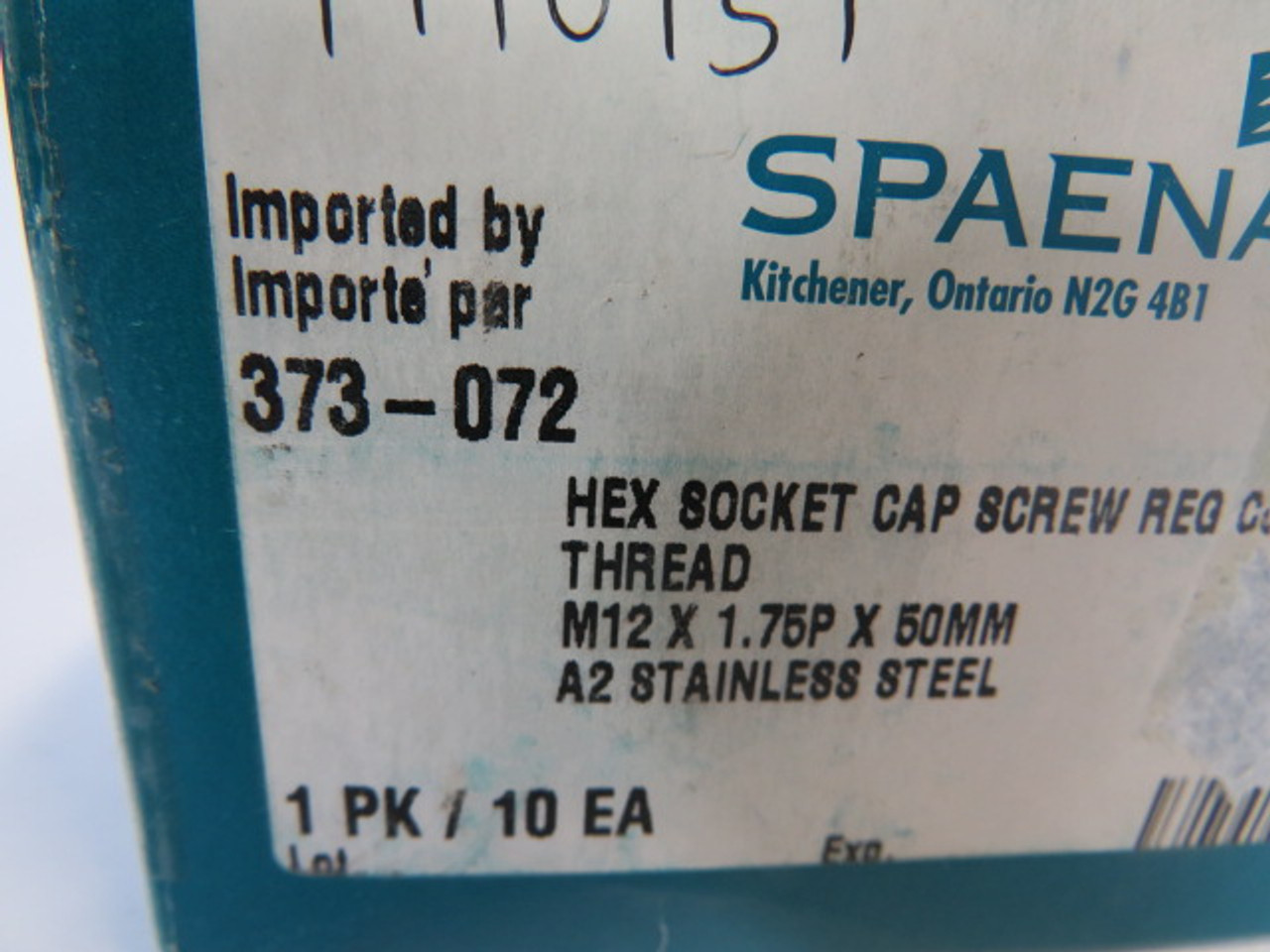 Spaenaur 373-072 SS Hex Socket Cap Screw Coarse Thread 10-Pack ! NEW !
