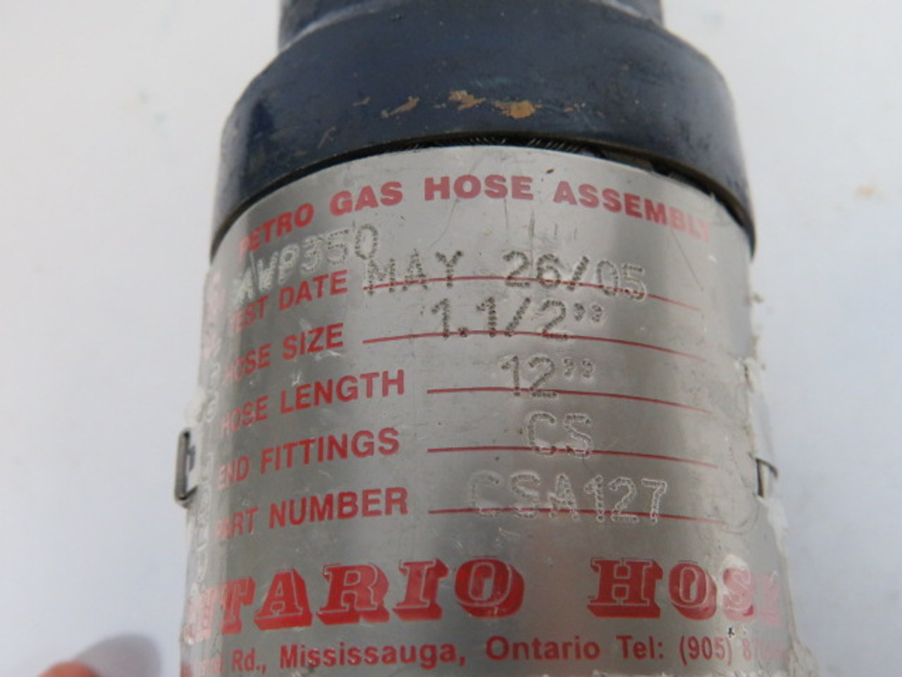 Ontario Hose CSA127 Gas Hose Assembly 1-1/2"Dia 12"L CS USED