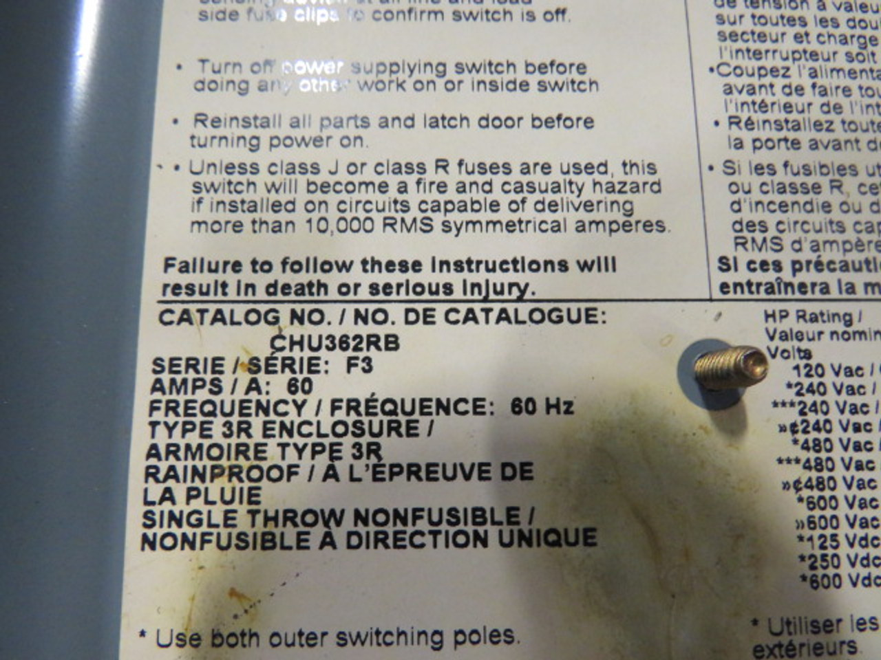 Square D CHU362RB Non-Fusible Heavy Duty Safety Switch 60A 600V 3P USED