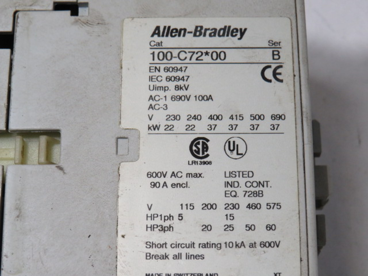 Allen-Bradley 100-C72C00 Contactor 550/600V 50/60Hz 100A USED