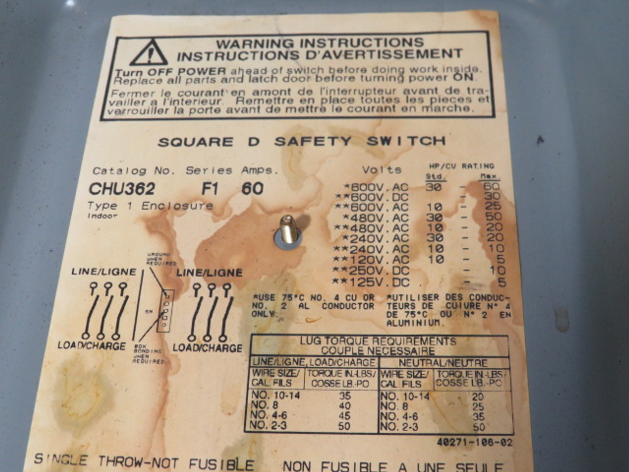 Square D CHU362 60A 125-600VDC 120-600VAC Heavy Duty Safety Switch USED