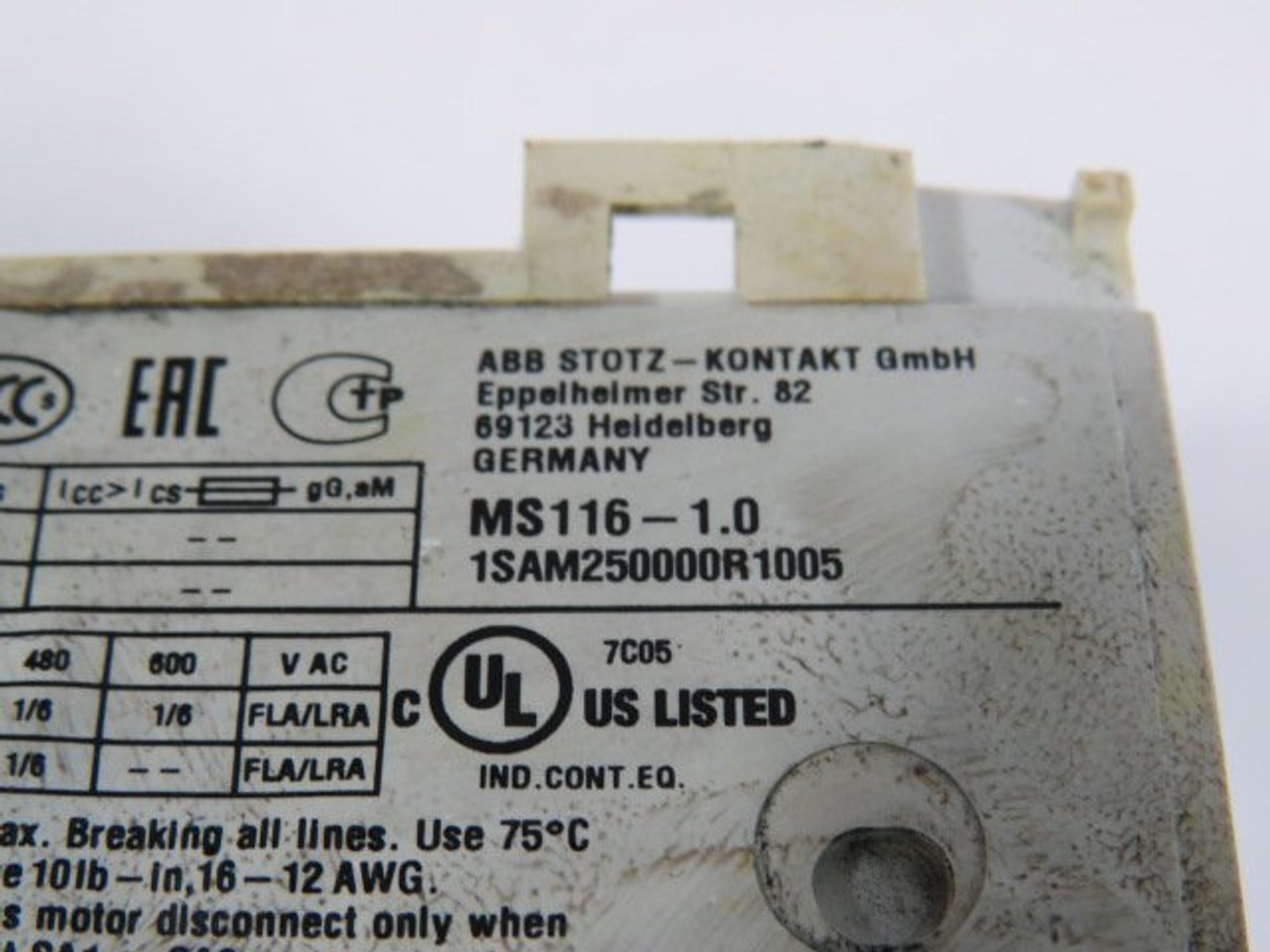 ABB MS116-1.0/1SAM250000R1005 Manual Motor Starter 0.63-1.0A USED