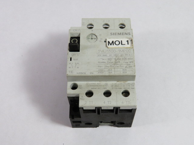 Siemens 3VU1300-1MP00 Motor Starter Protector 25A 600V 3P 3Ph USED
