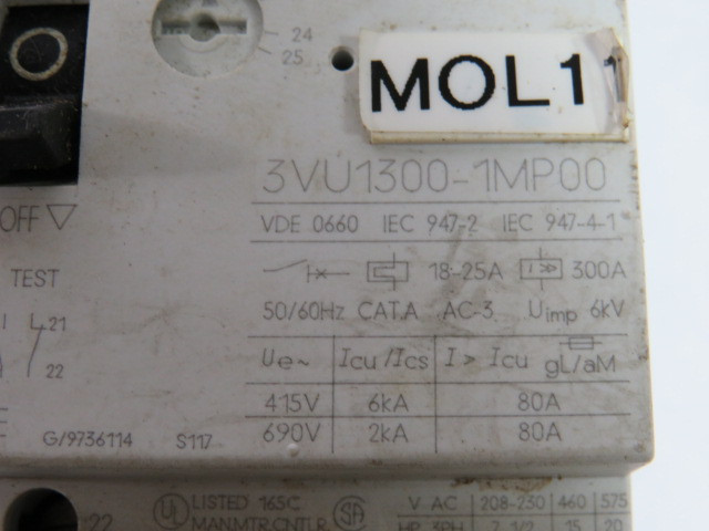 Siemens 3VU1300-1MP00 Motor Starter Protector 25A 600V 3P 3Ph USED