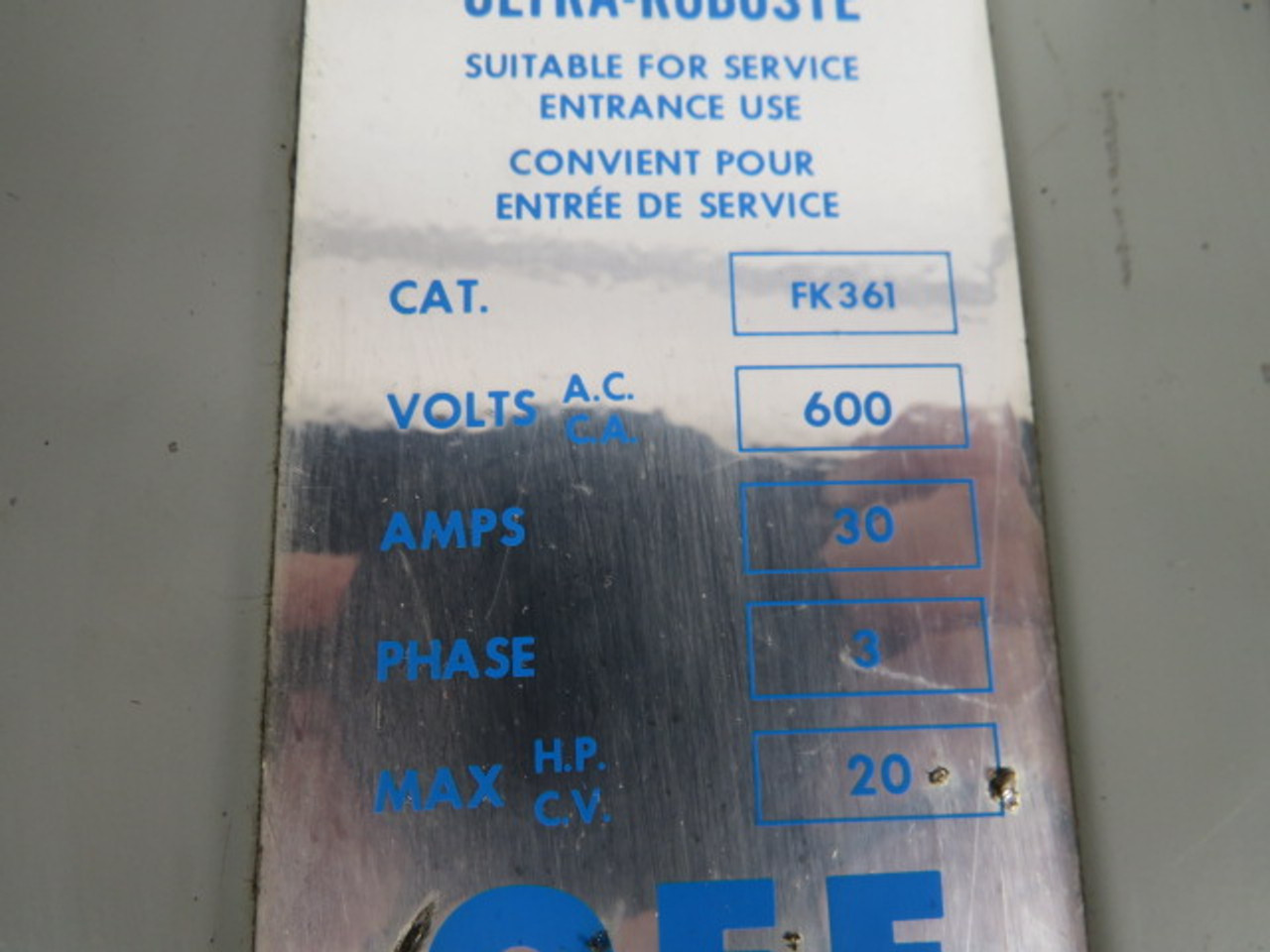 ITE FK361 Heavy Duty Industrial Switch 30A 600VAC 3Ph 3P USED