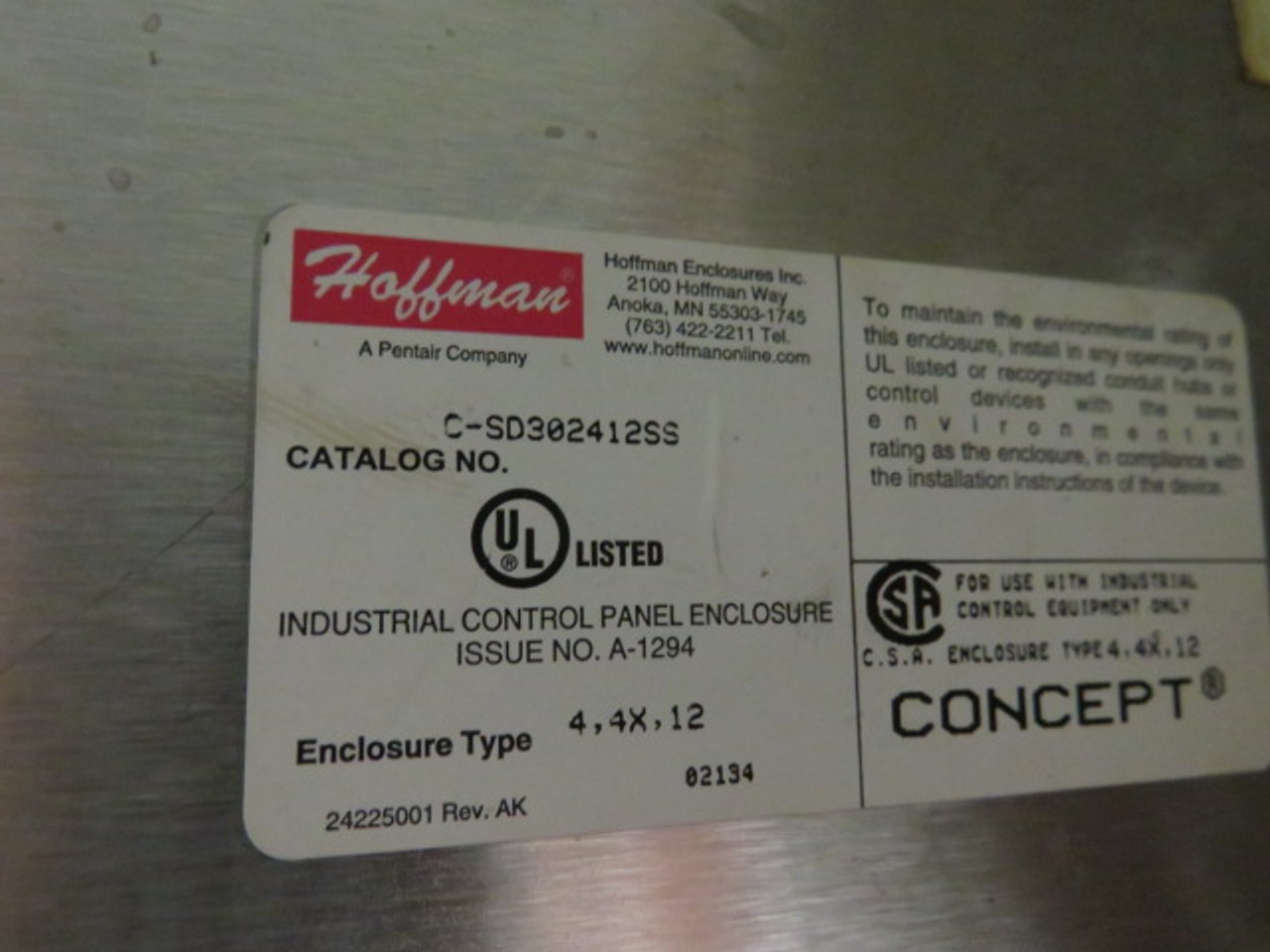 Hoffman C-SD302412SS Stainless Steel Enclosure Box 30"Lx20"Wx12"H USED