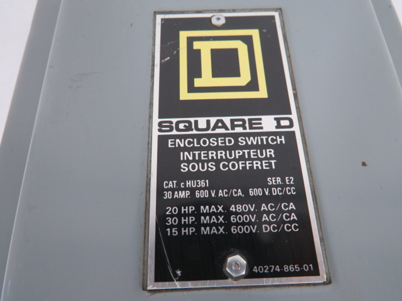 Square D CHU361 Series E2 Enclosed Switch 30A 600VAC/DC 3Pole USED