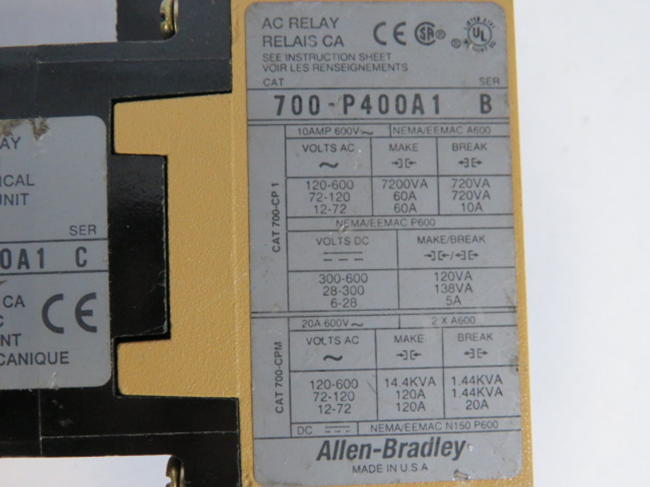 Allen-Bradley 700-PL400A1 Relay W/Mechanical Latch Unit 120V @ 60Hz USED