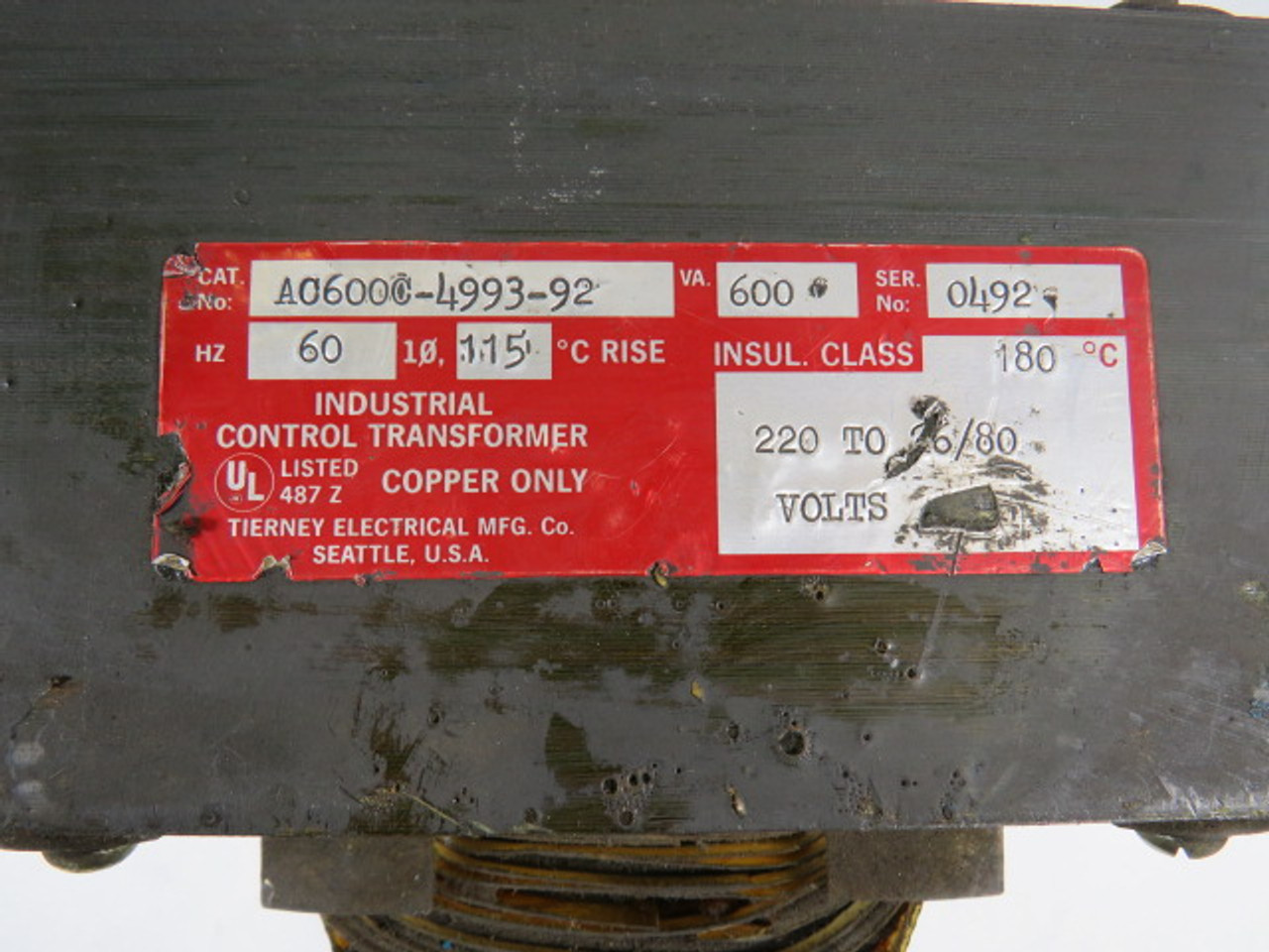 Tierney Electrical AC600C-4993-92 Transformer 600VA Pri 220V Sec 26-80V USED